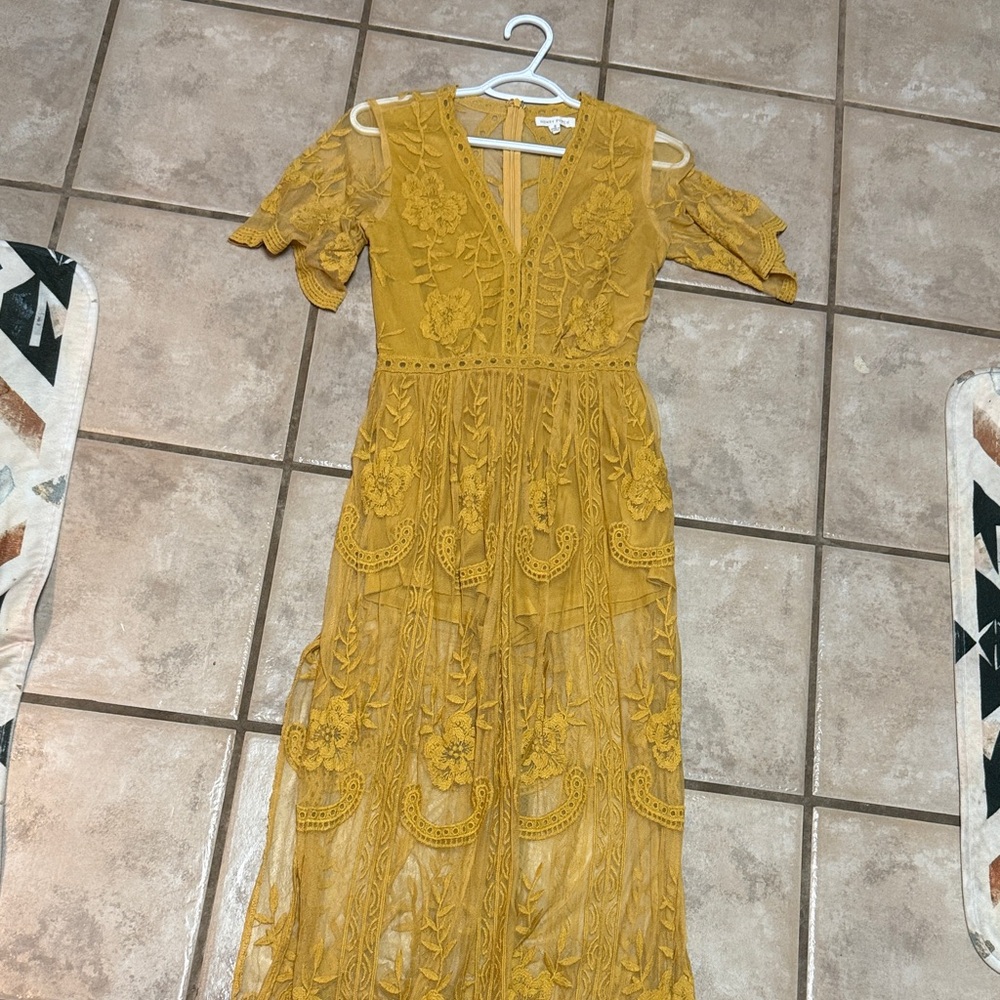 Embroidered Cold-Shoulder Maxi Dress in Mustard